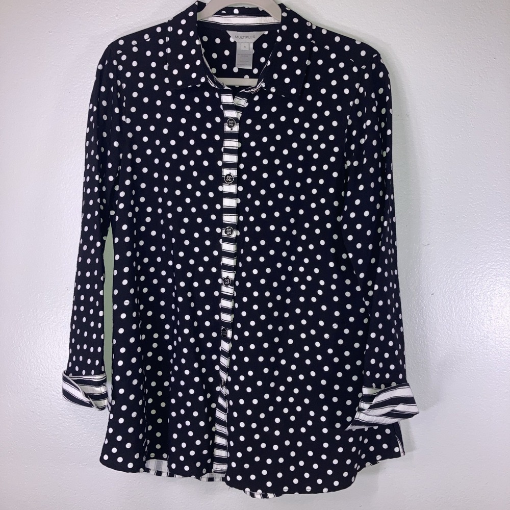 Multiples Women S Black White Polka Dot Stripe Button Up Tunic Dressy Pockets